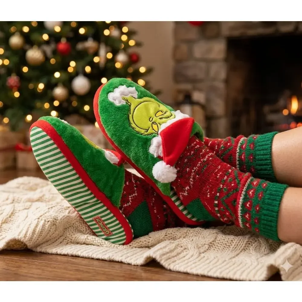 Dr Seuss The Grinch Mens Slippers Christmas Holiday Santa Hat Green 13/14